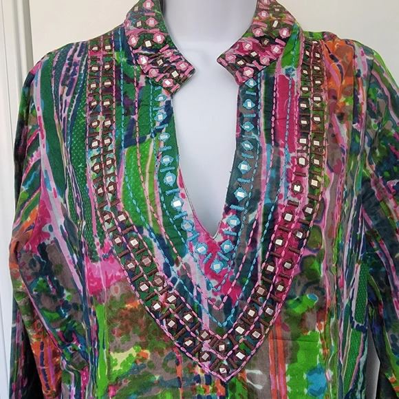Soft Surroundings Mosaic Tunic Artsy Embroidery Tie Dye Jade Multi Womens Sz S - Picture 2 of 12